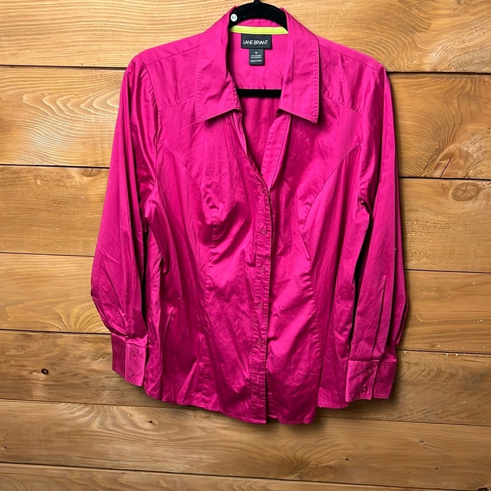 LANE BRYANT Women’s Shirt 18 Hot Pink Button Up Long‎ Sleeve Cotton Blouse NWOT